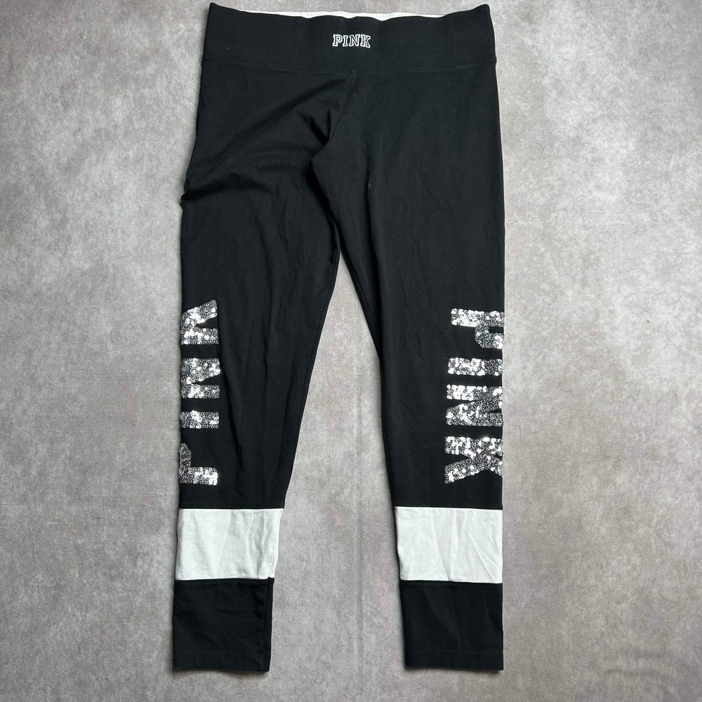 Pink Victorias Secret Yoga Leggings Black Sequin Logo Colorblock Womens Large